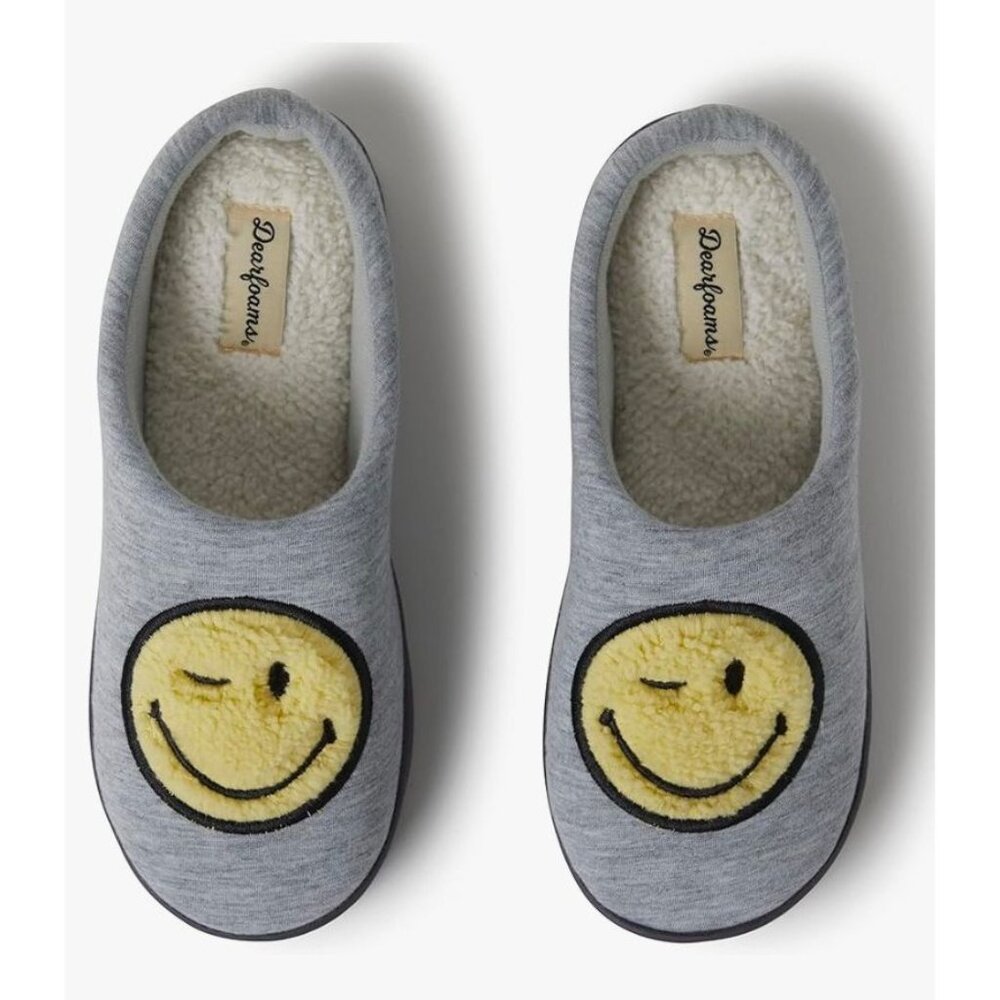 Dearfoams Womens Memory Foam Smiley Face Slippers Size L 11-12 Gray & Yellow